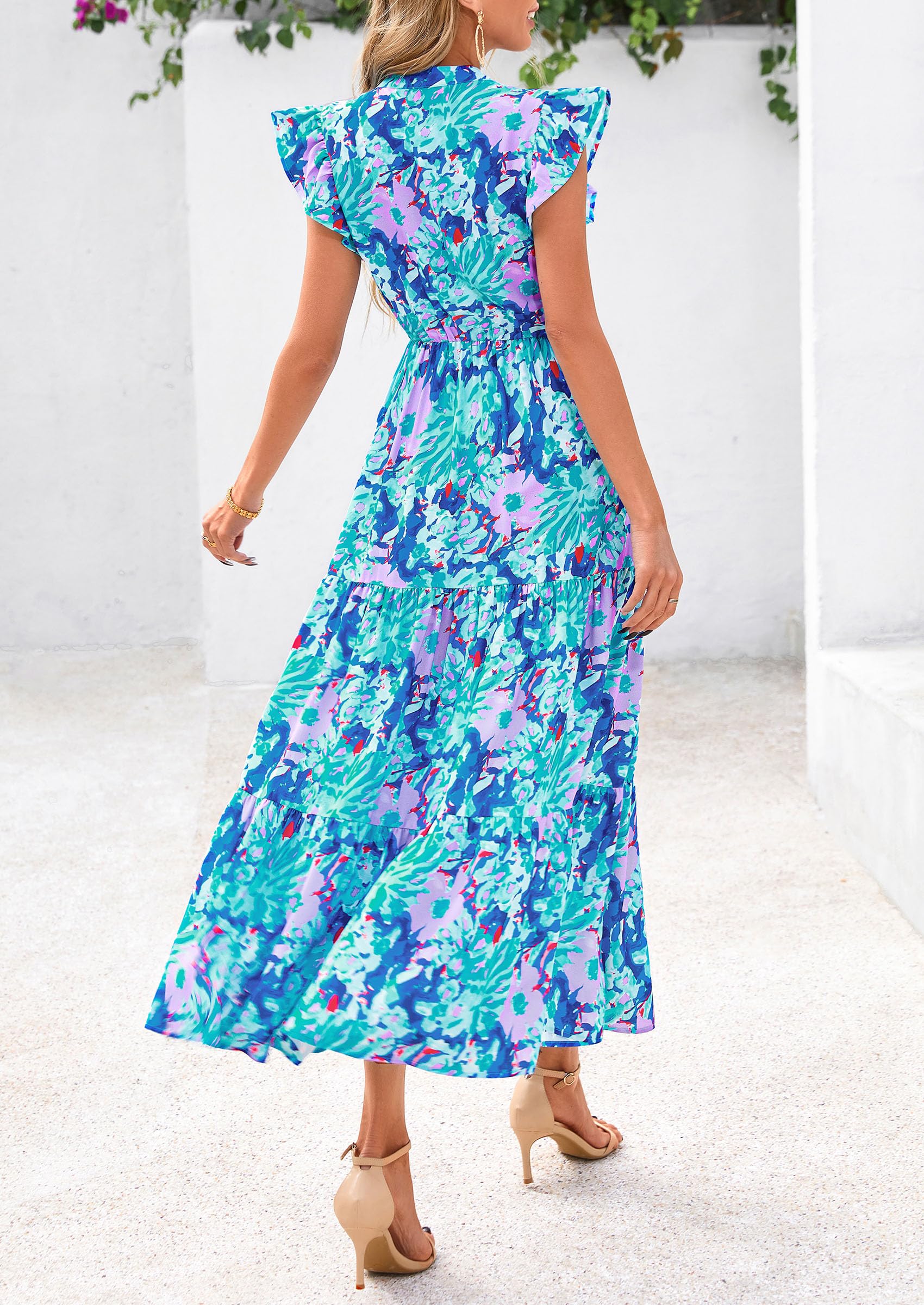 PRETTYGARDEN Women's Summer Floral Midi Dress Cap Sleeve V Neck Ruffle Long Flowy Boho Casual Beach Vacation Dresses