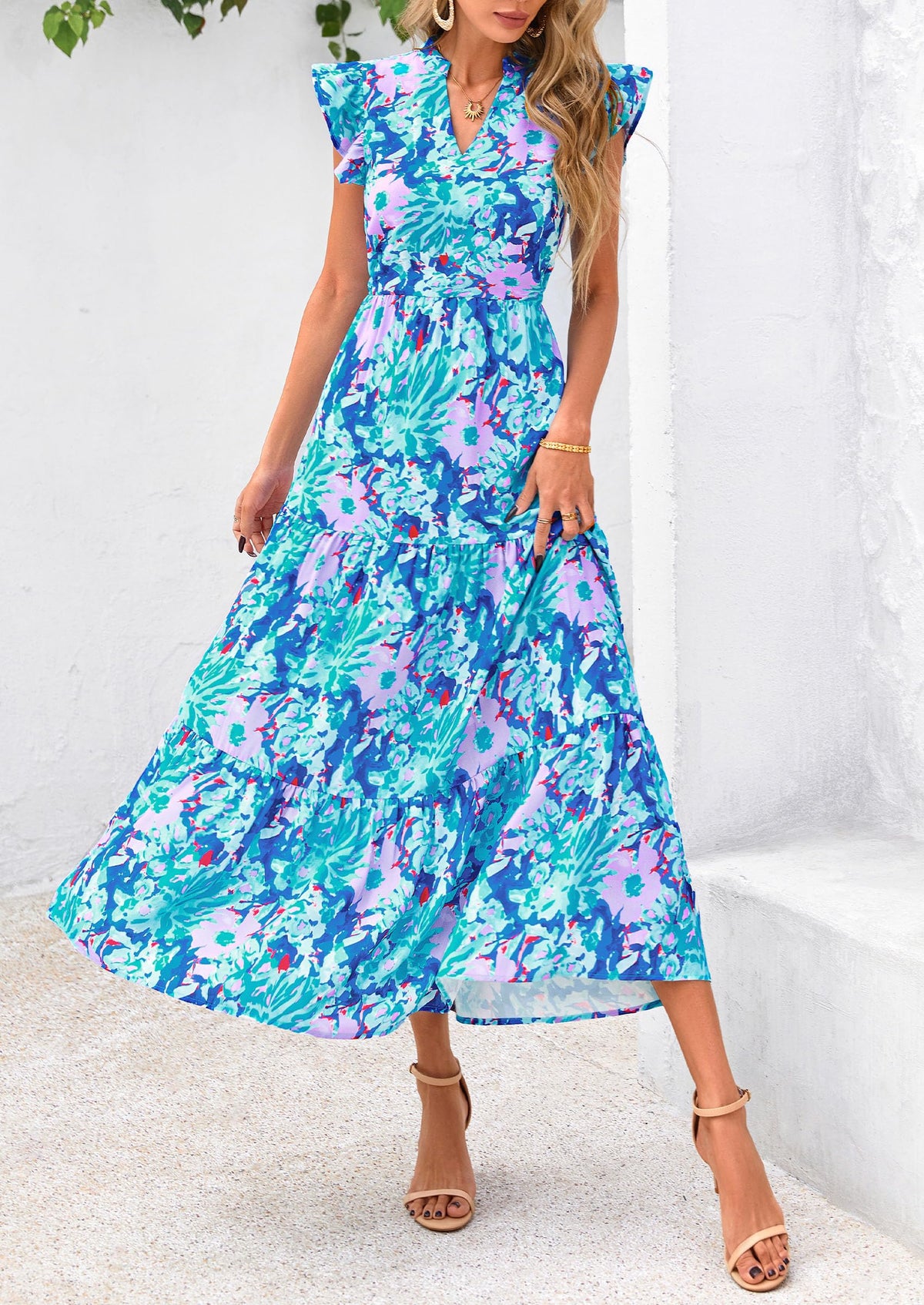 Summer Floral Cap Sleeve V Neck Ruffle Long Flowy Boho Casual Beach Vacation Midi Dress