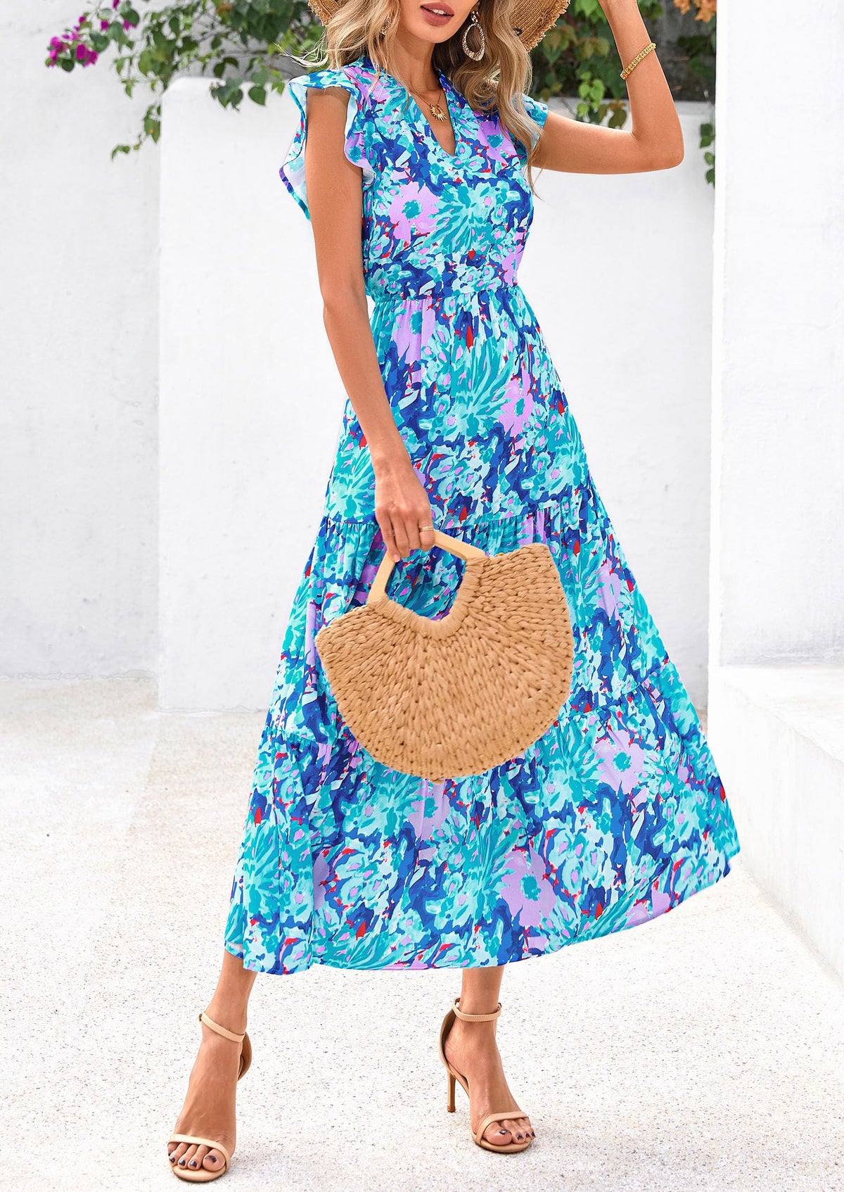 Summer Floral Cap Sleeve V Neck Ruffle Long Flowy Boho Casual Beach Vacation Midi Dress