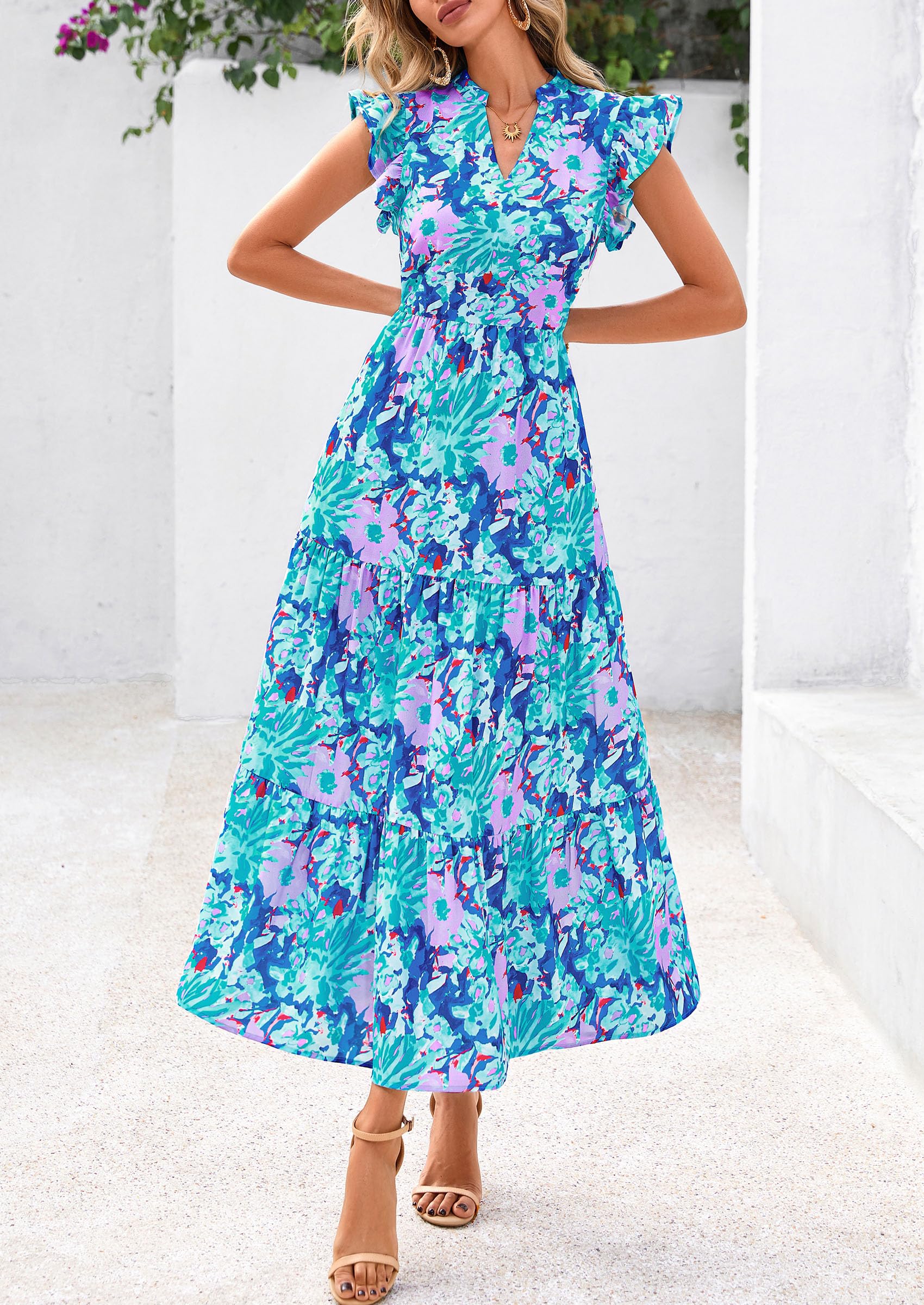midi pretty garden dresses PRETTYGARDEN Womens Midi Dresses Puff Short Sleeve V Neck Swiss Dot Pl