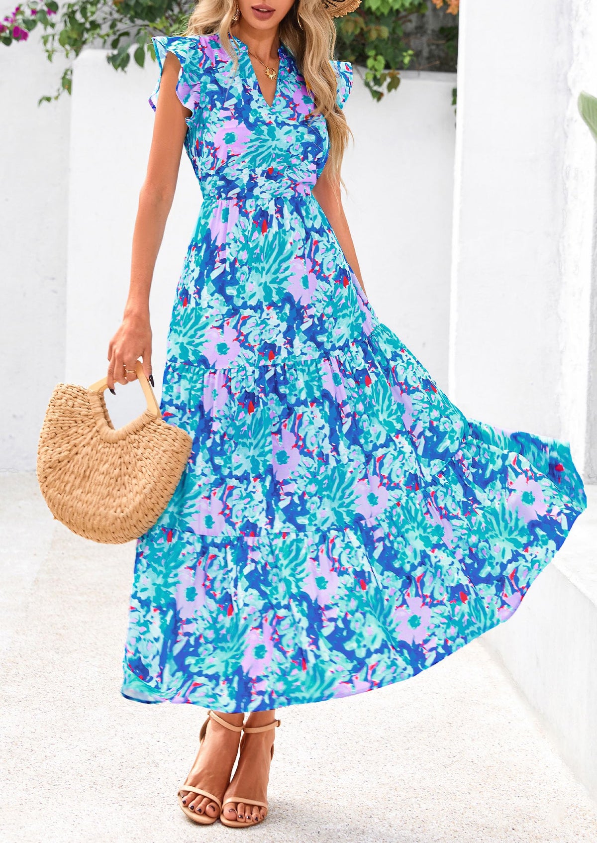 Summer Floral Cap Sleeve V Neck Ruffle Long Flowy Boho Casual Beach Vacation Midi Dress