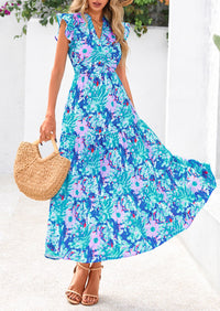 Summer Floral Cap Sleeve V Neck Ruffle Long Flowy Boho Casual Beach Vacation Midi Dress