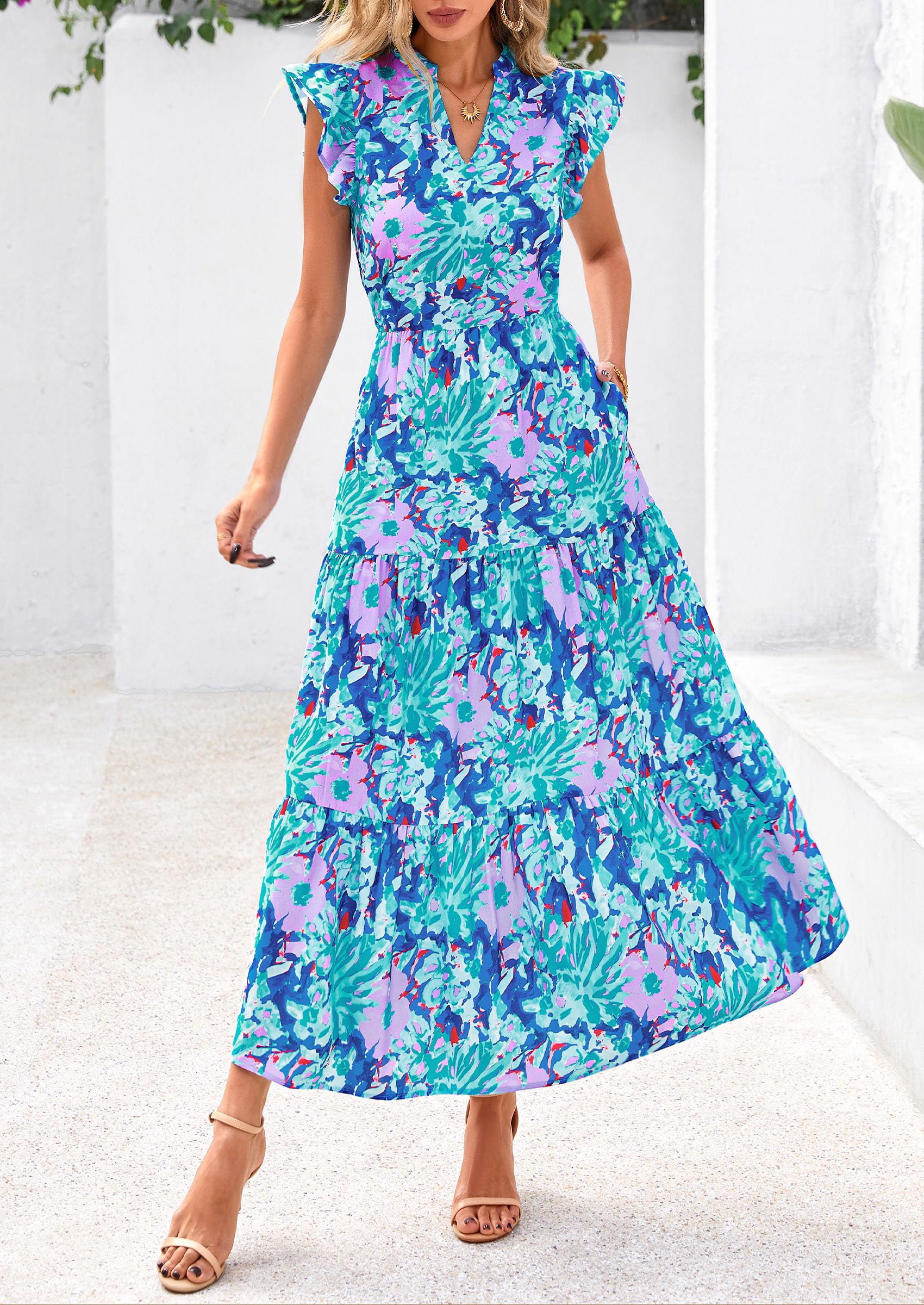 PRETTYGARDEN Women's Summer Floral Midi Dress Cap Sleeve V Neck Ruffle Long Flowy Boho Casual Beach Vacation Dresses