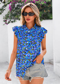 PRETTYGARDEN Women Button Down Boho Shirts Floral Ruffle Cap Sleeve Mock Neck Flowy Casual Summer Blouses Tops