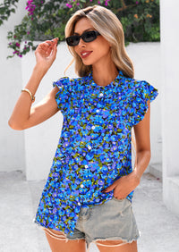 PRETTYGARDEN Women Button Down Boho Shirts Floral Ruffle Cap Sleeve Mock Neck Flowy Casual Summer Blouses Tops