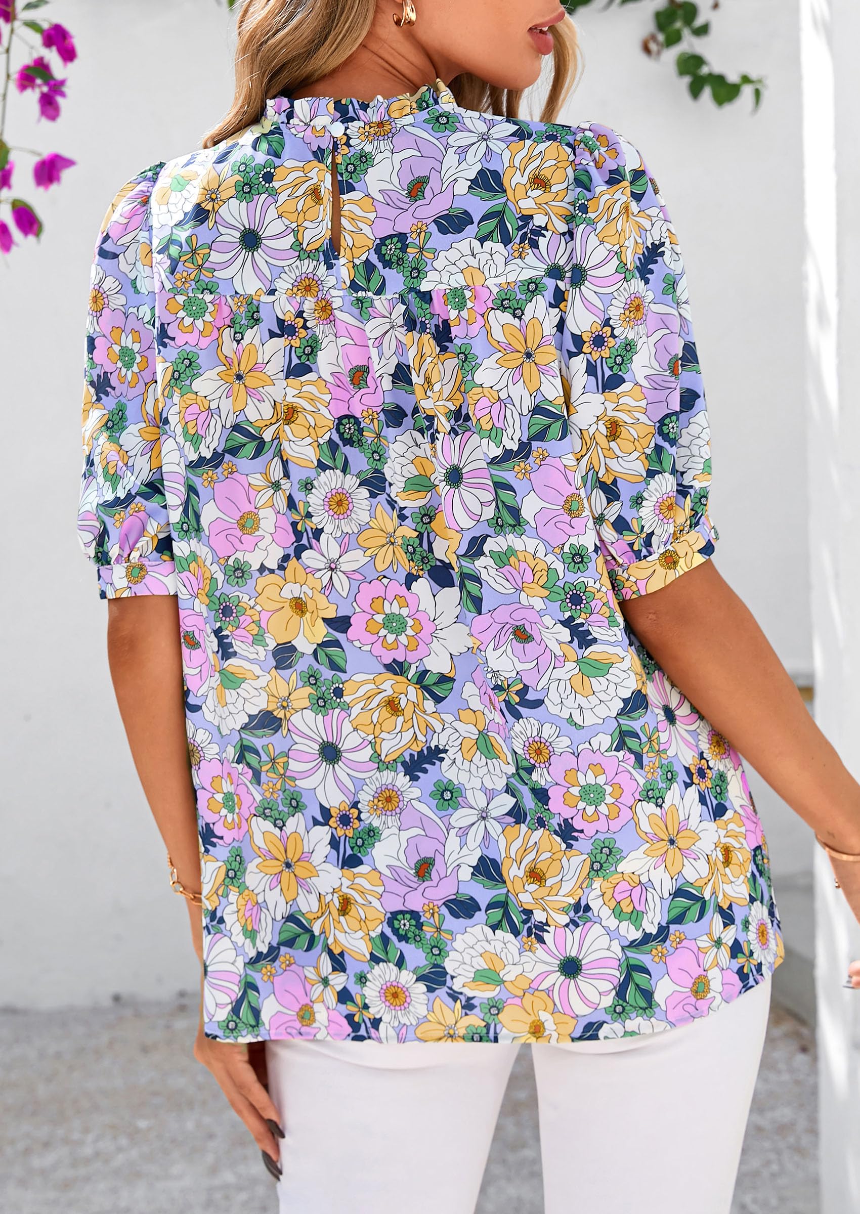 PRETTYGARDEN Floral Tops for Women Blouses Dressy Casual Summer Trendy Outfits Boho Pleated Short Sleeve Shirts