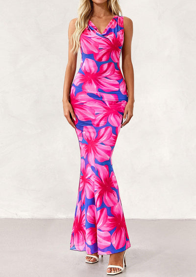 PRETTYGARDEN Women's Summer Cowl Neck Floral Maxi Dress Sleeveless Bodycon Beach Vacation Long Party Wedding Guest Dresses PRETTYGARDEN