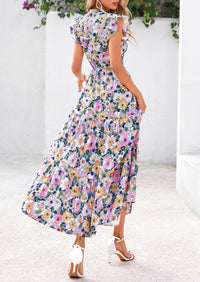 Summer Floral Cap Sleeve V Neck Ruffle Long Flowy Boho Casual Beach Vacation Midi Dress