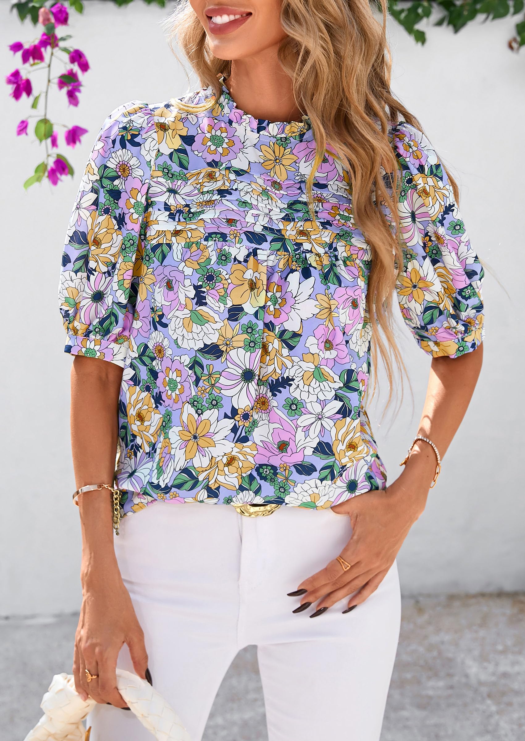 PRETTYGARDEN Floral Tops for Women Blouses Dressy Casual Summer Trendy Outfits Boho Pleated Short Sleeve Shirts