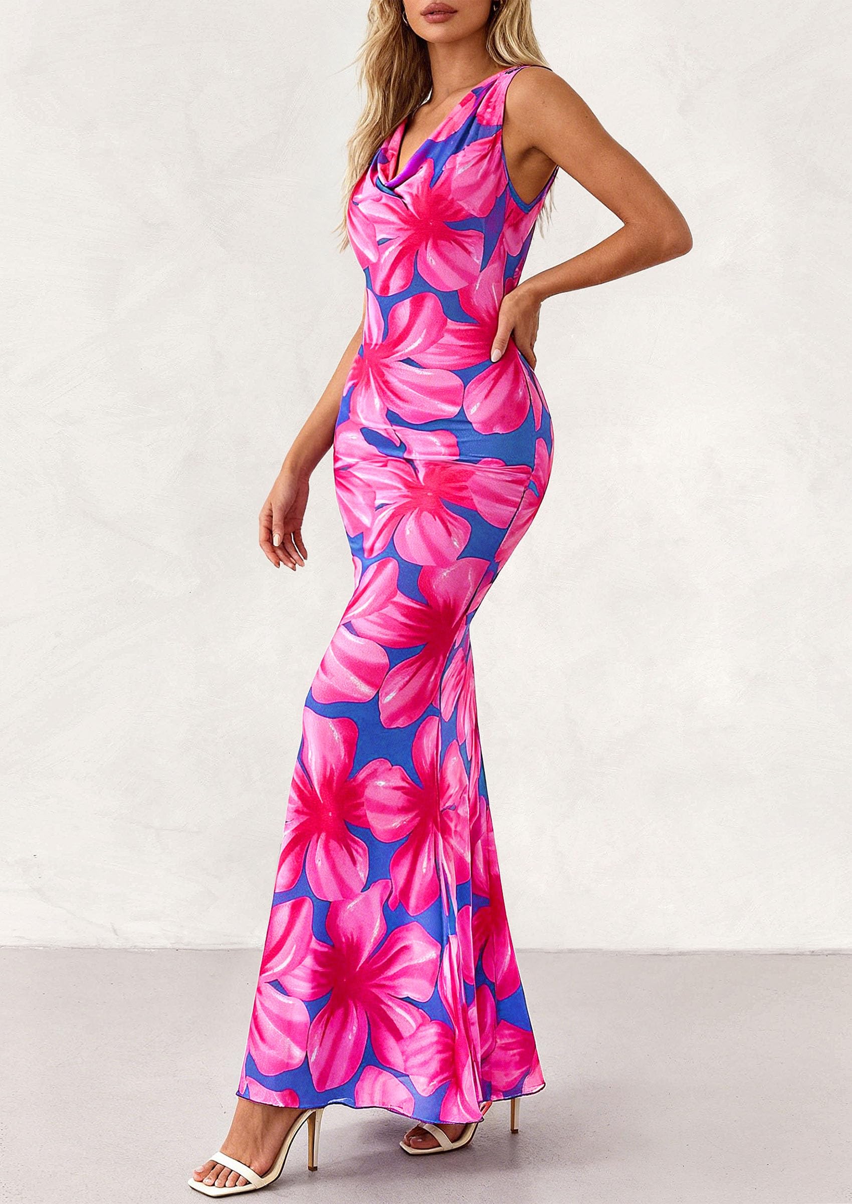 PRETTYGARDEN Women's Summer Cowl Neck Floral Maxi Dress Sleeveless Bodycon Beach Vacation Long Party Wedding Guest Dresses PRETTYGARDEN