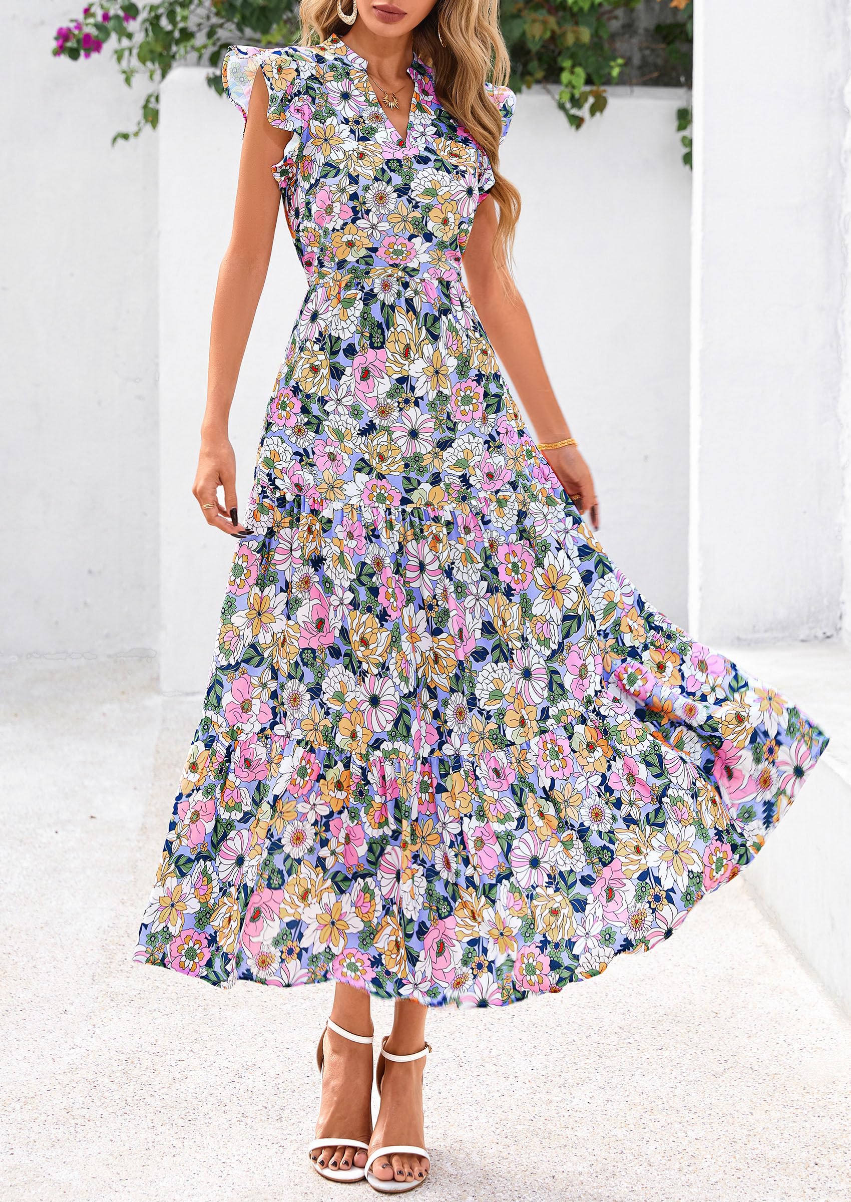 PRETTYGARDEN Women's Summer Floral Midi Dress Cap Sleeve V Neck Ruffle PRETTYGARDEN Women's Summer Floral Midi Dress Cap Sleeve V Neck Ruffle