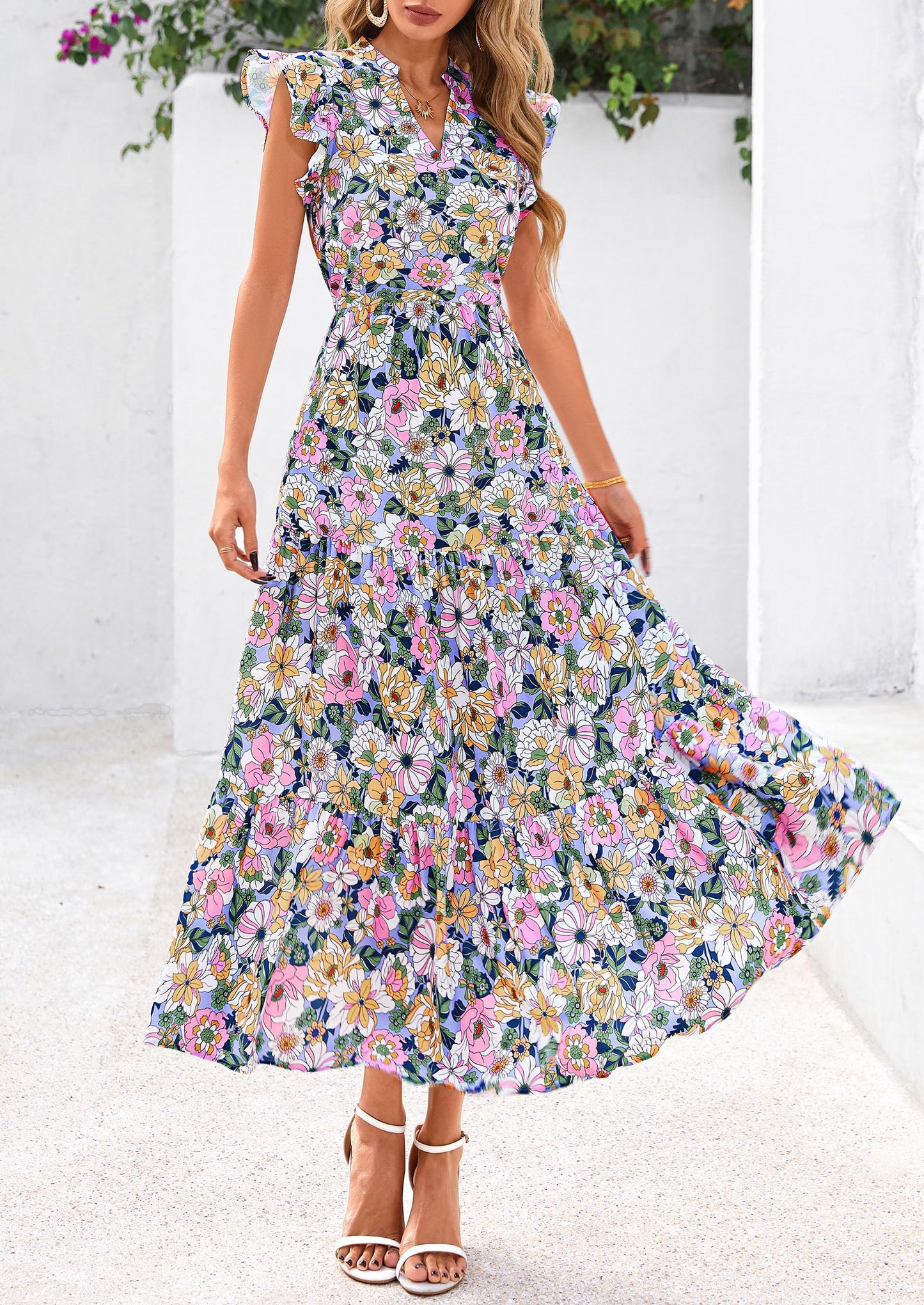 Women's 2025 Summer Floral Midi Dress Cap Sleeve V Neck Ruffle Long Flowy Boho Casual Beach Vacation Dresses