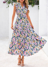 Summer Floral Cap Sleeve V Neck Ruffle Long Flowy Boho Casual Beach Vacation Midi Dress