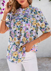 Floral Tops for Women Blouses Dressy Casual 2025 Summer Trendy Outfits Boho Pleated Short Sleeve Shirts