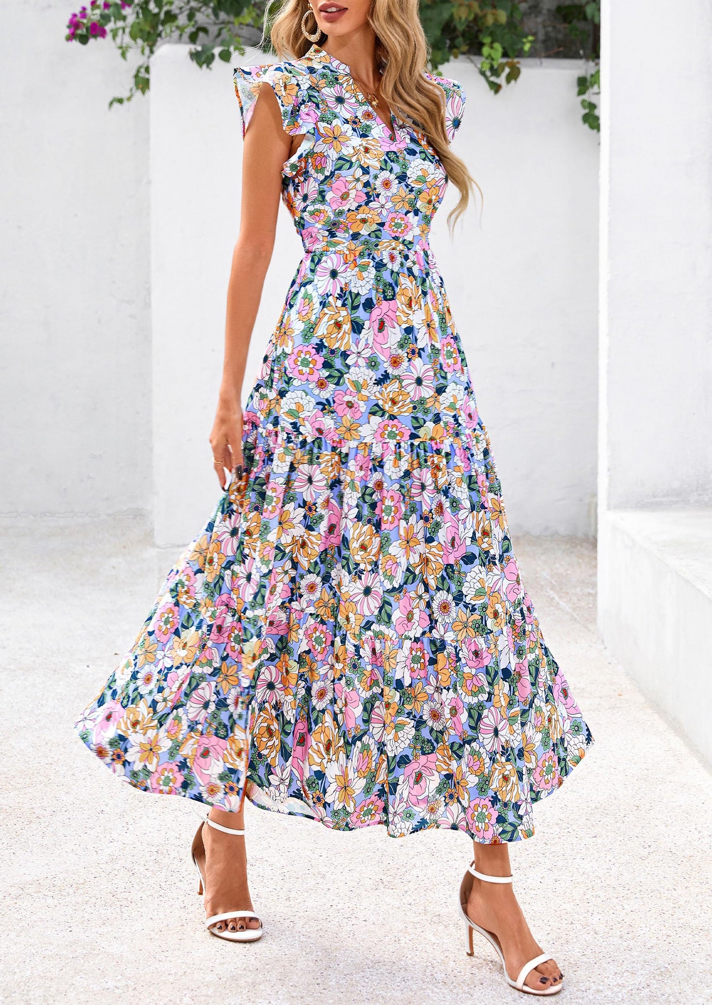 Women's 2025 Summer Floral Midi Dress Cap Sleeve V Neck Ruffle Long Flowy Boho Casual Beach Vacation Dresses