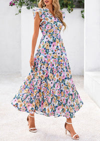 Summer Floral Cap Sleeve V Neck Ruffle Long Flowy Boho Casual Beach Vacation Midi Dress