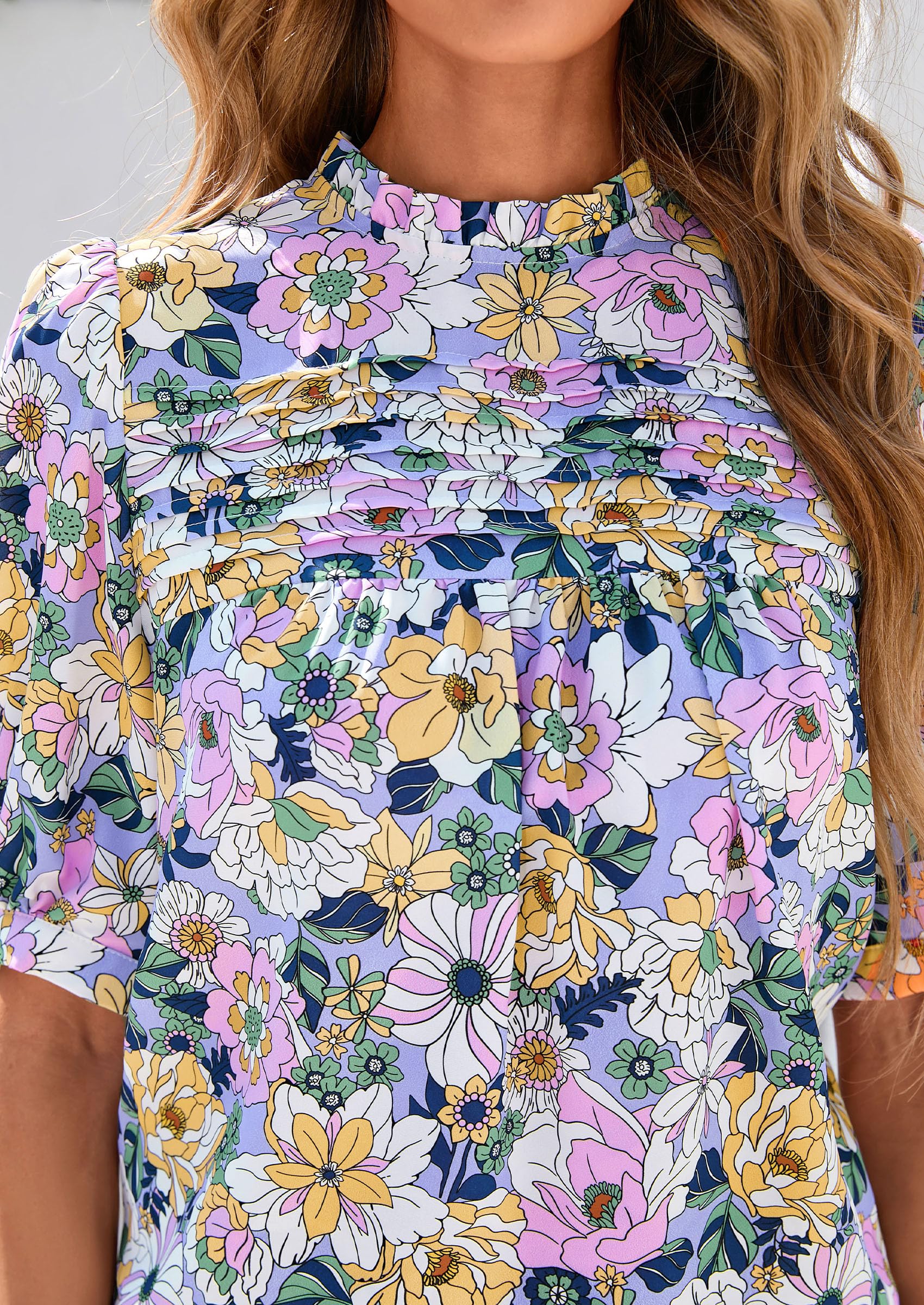 PRETTYGARDEN Floral Tops for Women Blouses Dressy Casual Summer Trendy Outfits Boho Pleated Short Sleeve Shirts