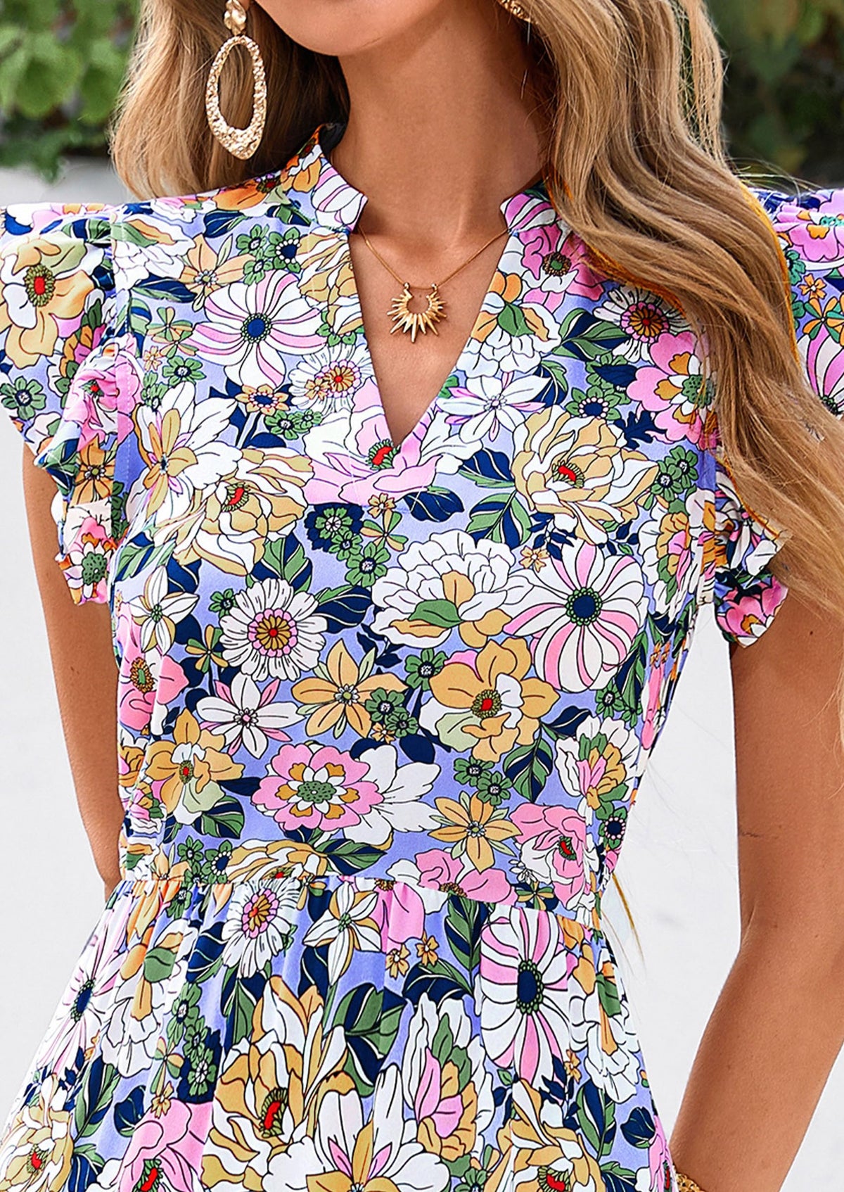 Summer Floral Cap Sleeve V Neck Ruffle Long Flowy Boho Casual Beach Vacation Midi Dress