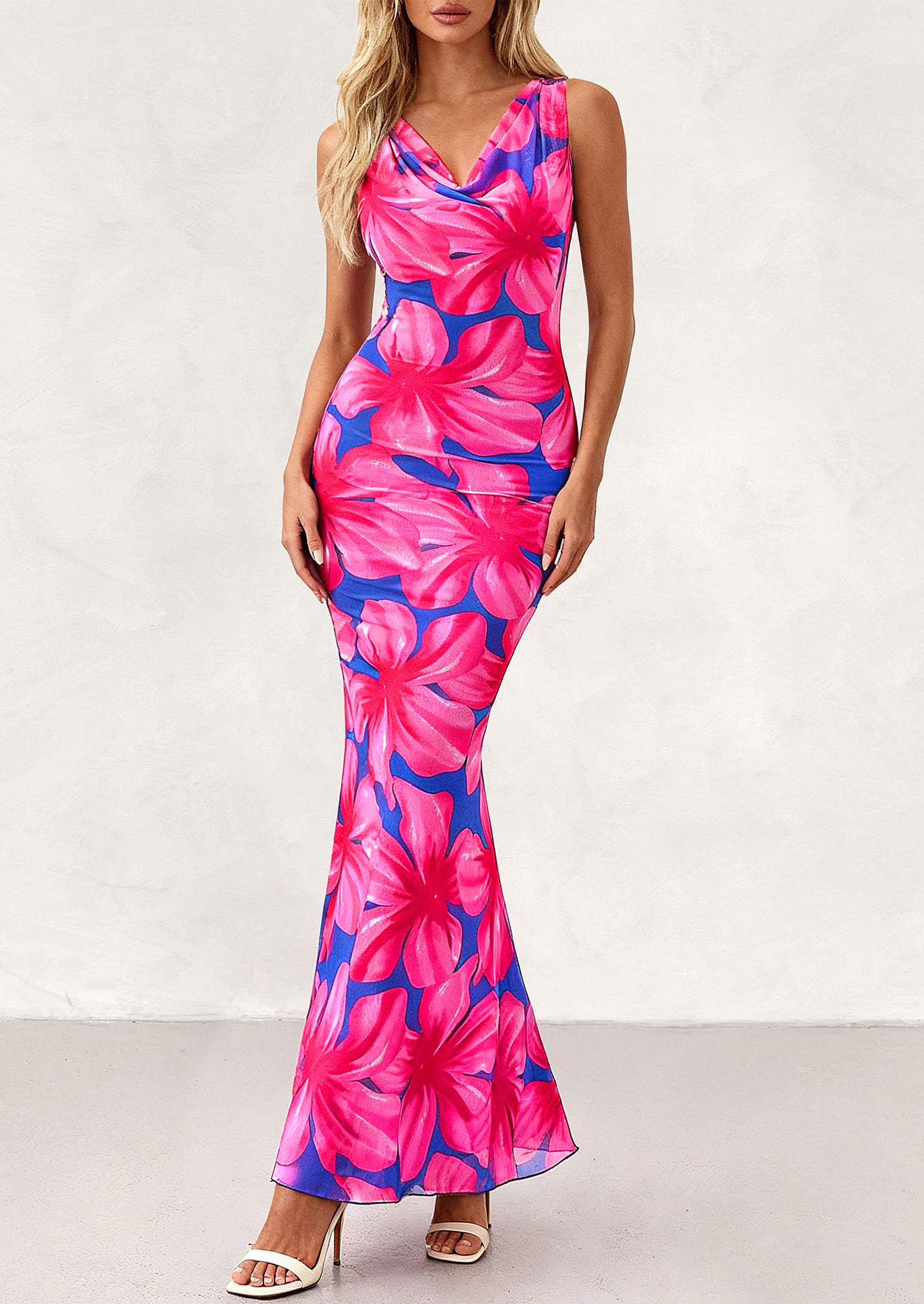 PRETTYGARDEN Women's Summer Cowl Neck Floral Maxi Dress Sleeveless Bodycon Beach Vacation Long Party Wedding Guest Dresses PRETTYGARDEN