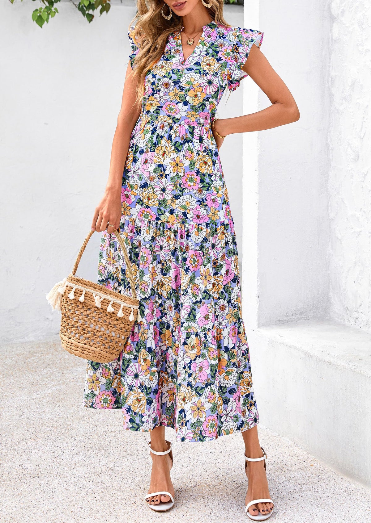 Summer Floral Cap Sleeve V Neck Ruffle Long Flowy Boho Casual Beach Vacation Midi Dress