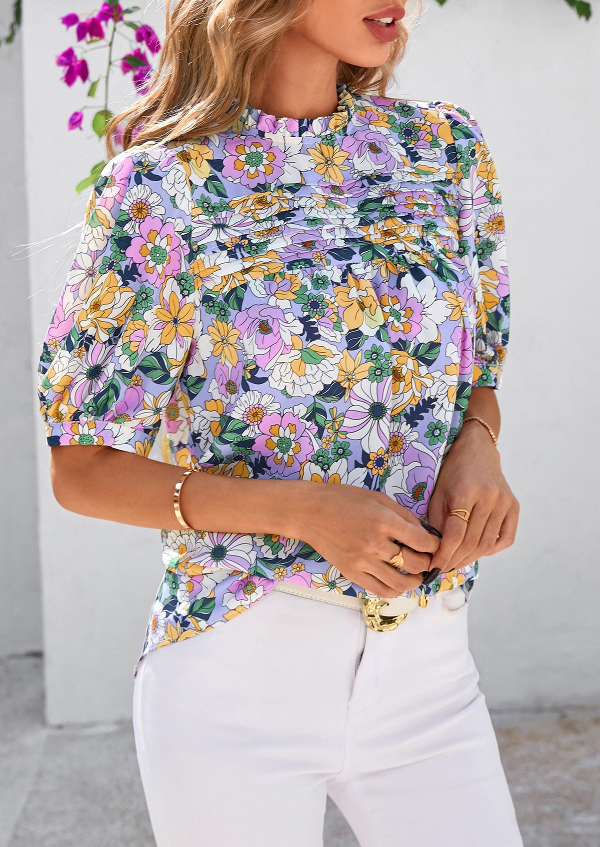 Floral Tops for Women Blouses Dressy Casual 2025 Summer Trendy Outfits Boho Pleated Short Sleeve Shirts