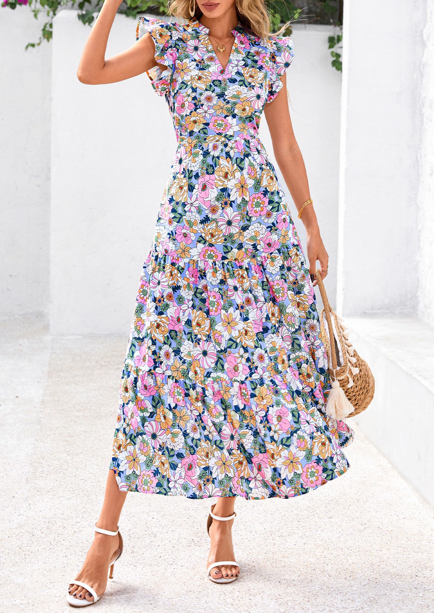 PRETTYGARDEN Women's Summer Floral Midi Dress Cap Sleeve V Neck Ruffle PRETTYGARDEN Women's Summer Floral Midi Dress Cap Sleeve V Neck Ruffle