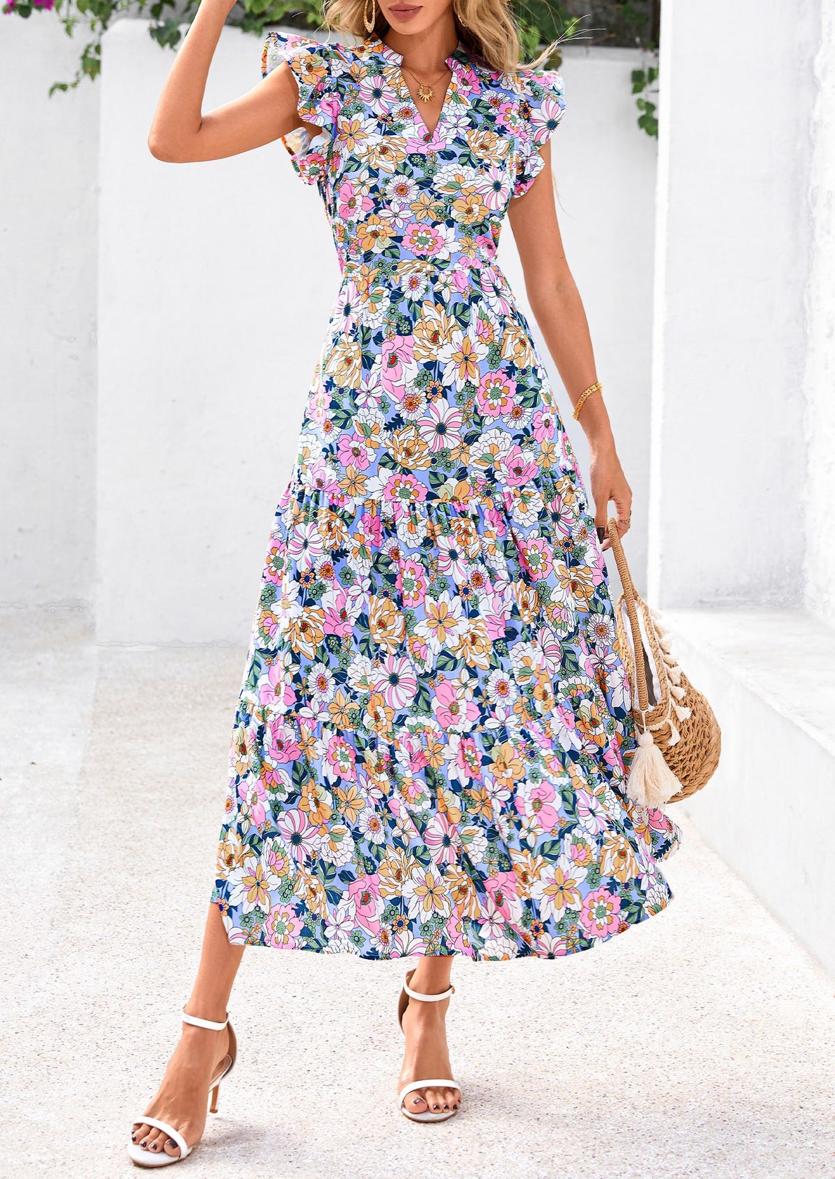 Summer Floral Cap Sleeve V Neck Ruffle Long Flowy Boho Casual Beach Vacation Midi Dress