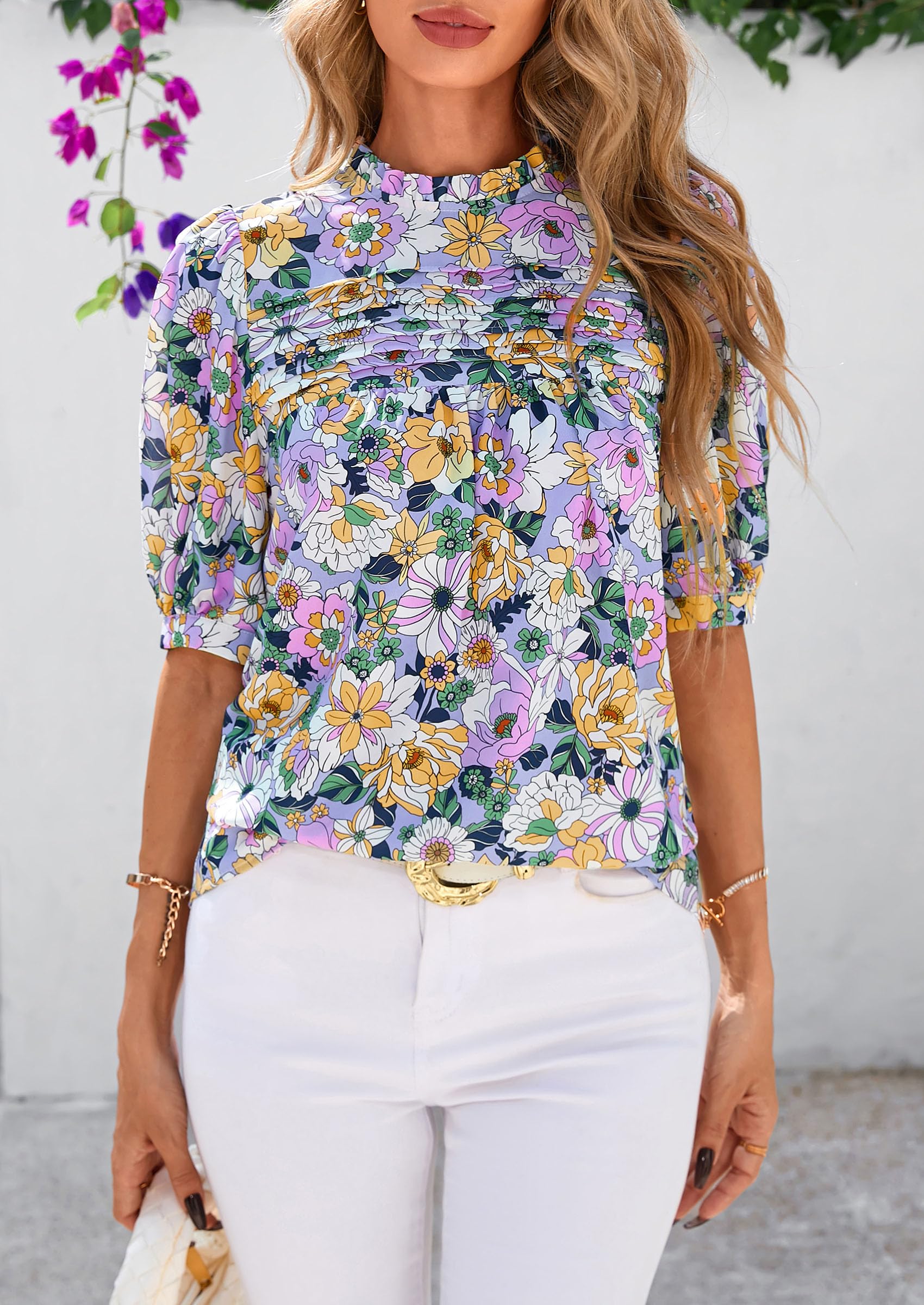 PRETTYGARDEN Floral Tops for Women Blouses Dressy Casual Summer Trendy Outfits Boho Pleated Short Sleeve Shirts