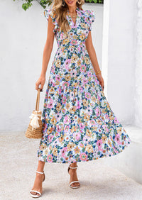 Summer Floral Cap Sleeve V Neck Ruffle Long Flowy Boho Casual Beach Vacation Midi Dress