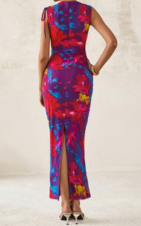 PRETTYGARDEN Women's Summer Maxi Floral Dresses Ruched Bodycon Sleeveless Mesh Formal Wedding Guest Cocktail Split Long Dress PRETTYGARDEN