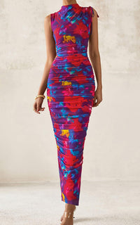 PRETTYGARDEN Women's Summer Maxi Floral Dresses Ruched Bodycon Sleeveless Mesh Formal Wedding Guest Cocktail Split Long Dress PRETTYGARDEN