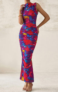 PRETTYGARDEN Women's Summer Maxi Floral Dresses Ruched Bodycon Sleeveless Mesh Formal Wedding Guest Cocktail Split Long Dress PRETTYGARDEN