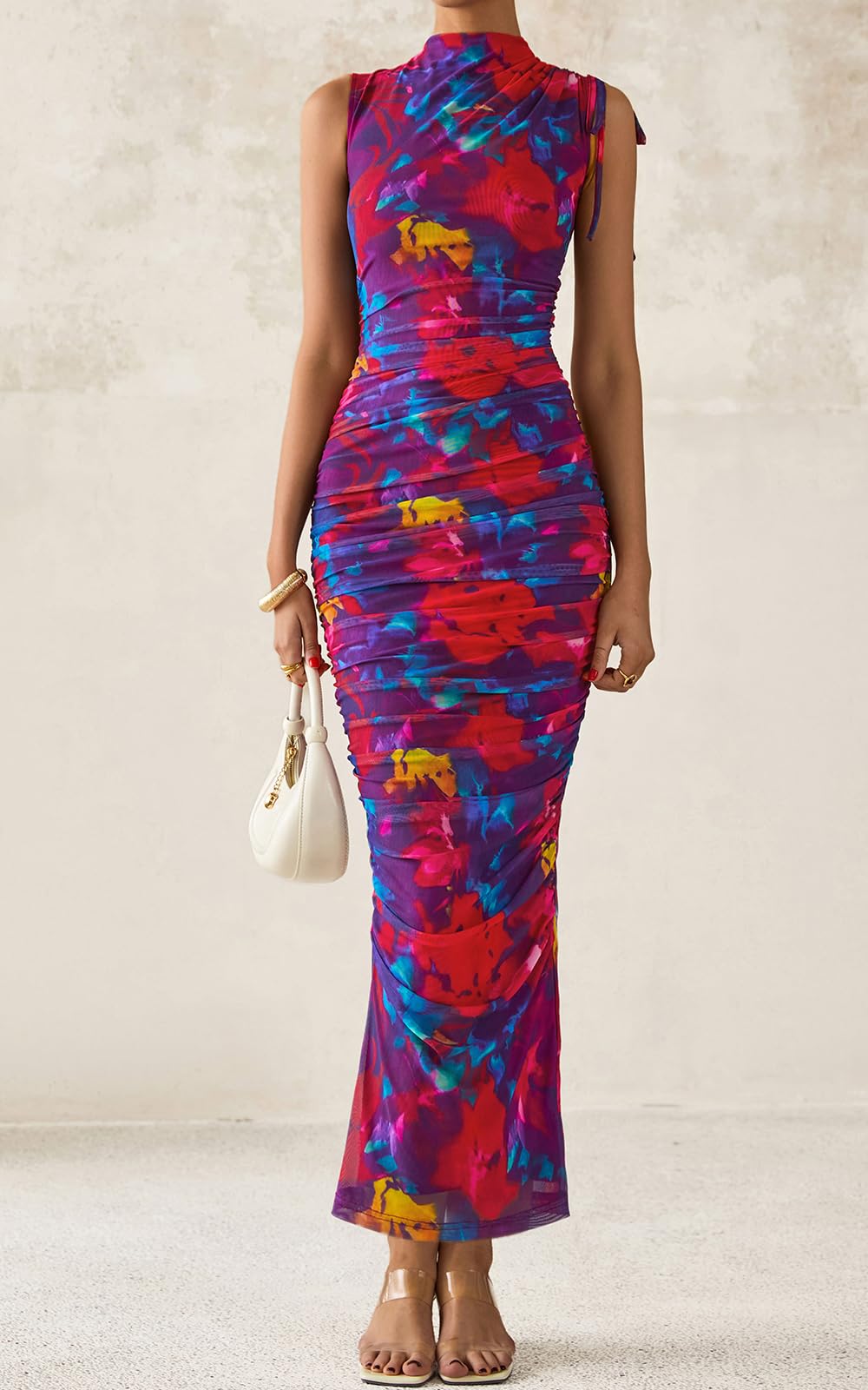 PRETTYGARDEN Women's Summer Maxi Floral Dresses Ruched Bodycon Sleeveless Mesh Formal Wedding Guest Cocktail Split Long Dress PRETTYGARDEN