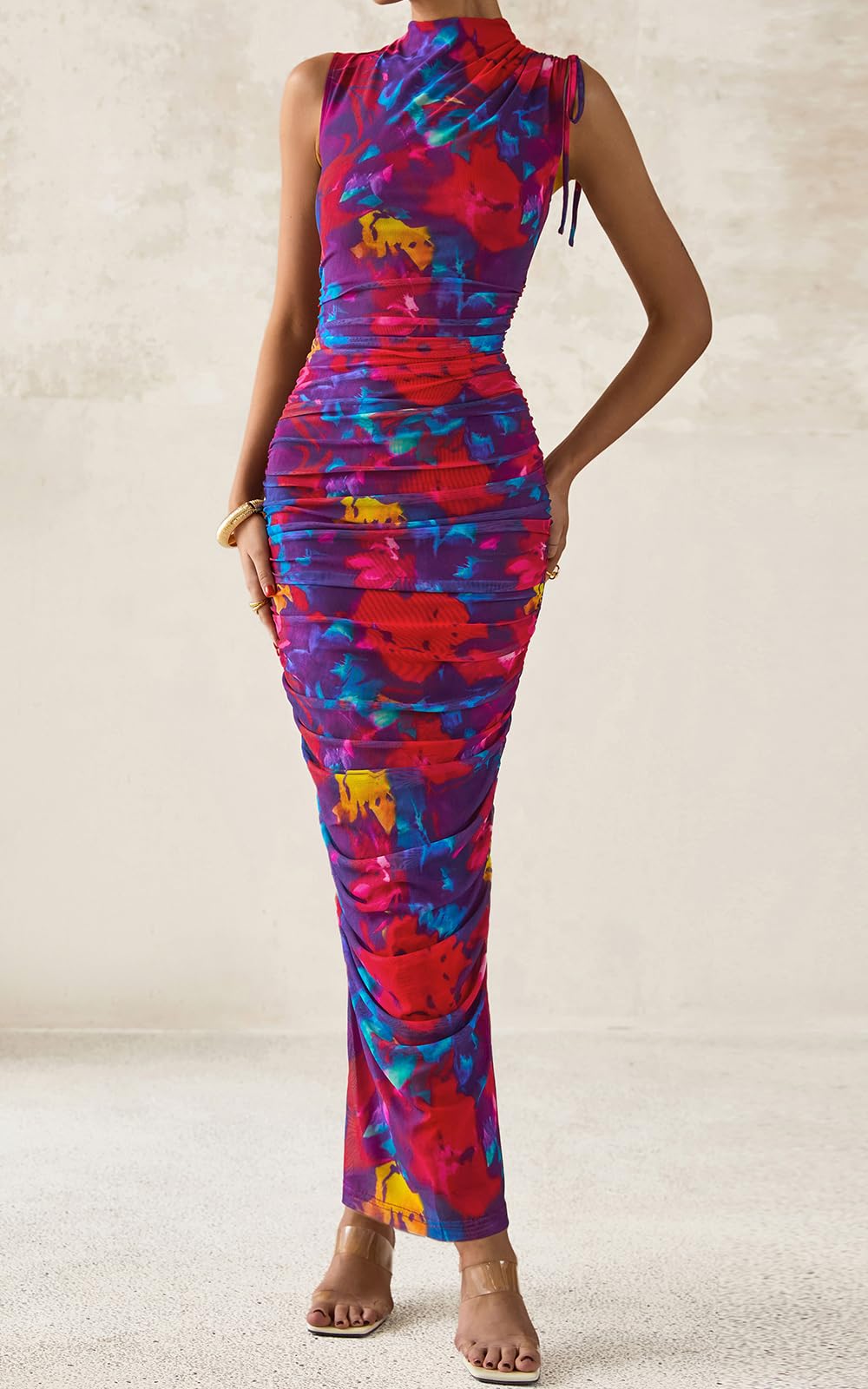 PRETTYGARDEN Women's Summer Maxi Floral Dresses Ruched Bodycon Sleeveless Mesh Formal Wedding Guest Cocktail Split Long Dress PRETTYGARDEN