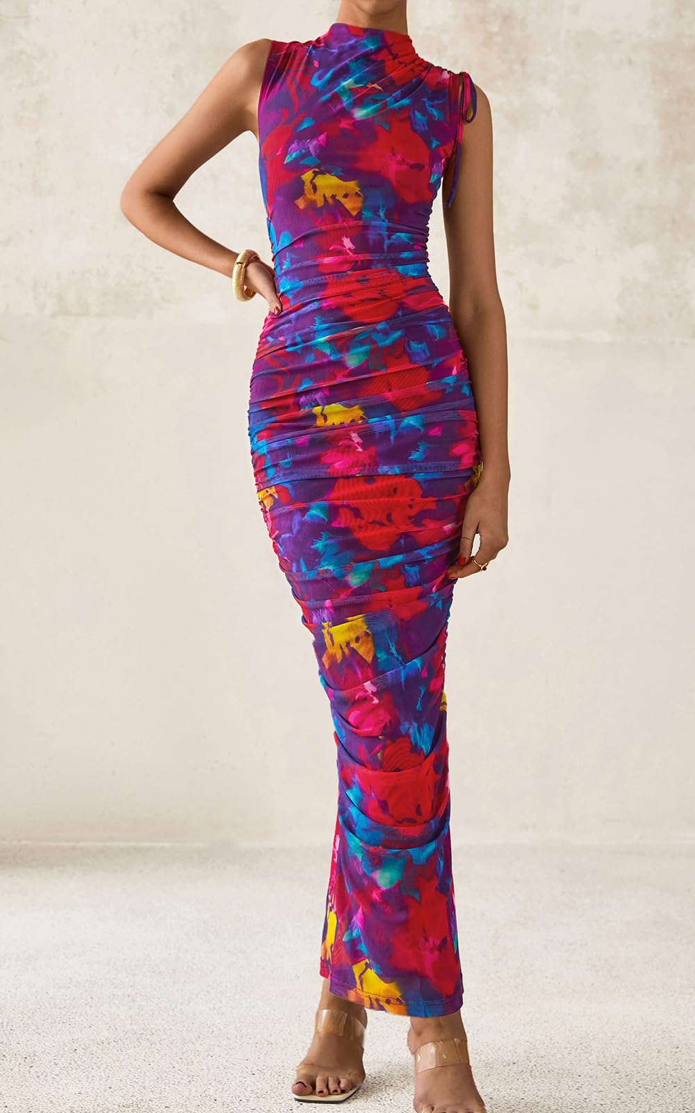 PRETTYGARDEN Women's Summer Maxi Floral Dresses Ruched Bodycon Sleeveless Mesh Formal Wedding Guest Cocktail Split Long Dress PRETTYGARDEN