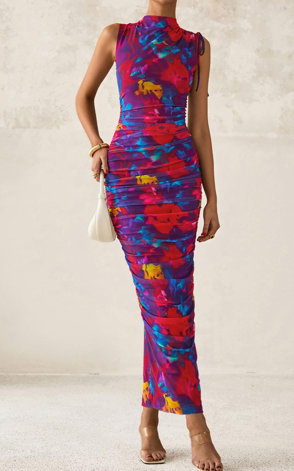 PRETTYGARDEN Women's Summer Maxi Floral Dresses Ruched Bodycon Sleeveless Mesh Formal Wedding Guest Cocktail Split Long Dress PRETTYGARDEN