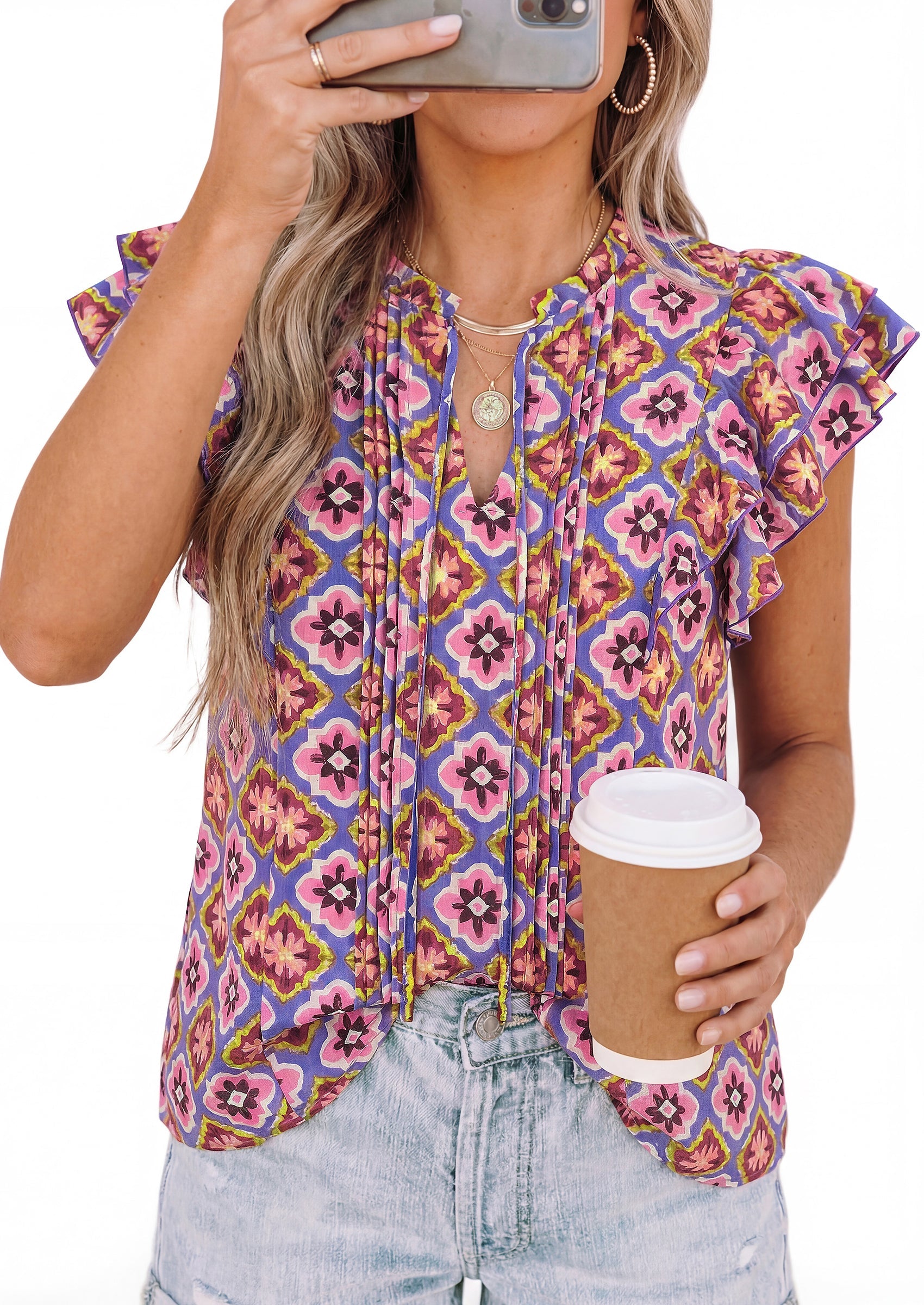 PRETTYGARDEN Womens Summer Boho Tops Trendy 2026 V Neck Flutter Short Sleeve Floral Casual Dressy Blouses Shirts Spring Clothes PRETTYGARDEN