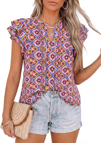 PRETTYGARDEN Womens Summer Boho Tops Trendy 2026 V Neck Flutter Short Sleeve Floral Casual Dressy Blouses Shirts Spring Clothes PRETTYGARDEN