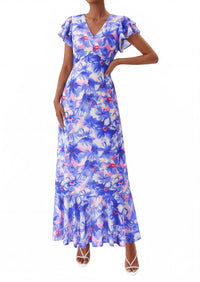 PRETTYGARDEN Wedding Guest Dresses for Women 2026 Spring Summer Short Sleeve Ruffle V Neck Floral Flowy Beach Maxi Long Dress PRETTYGARDEN