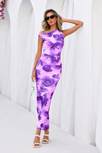 PRETTYGARDEN Women Summer One Shoulder Sleeveless Floral Maxi Dress Bodycon Ruched Mesh Formal Cocktail Wedding Guest Dresses PRETTYGARDEN