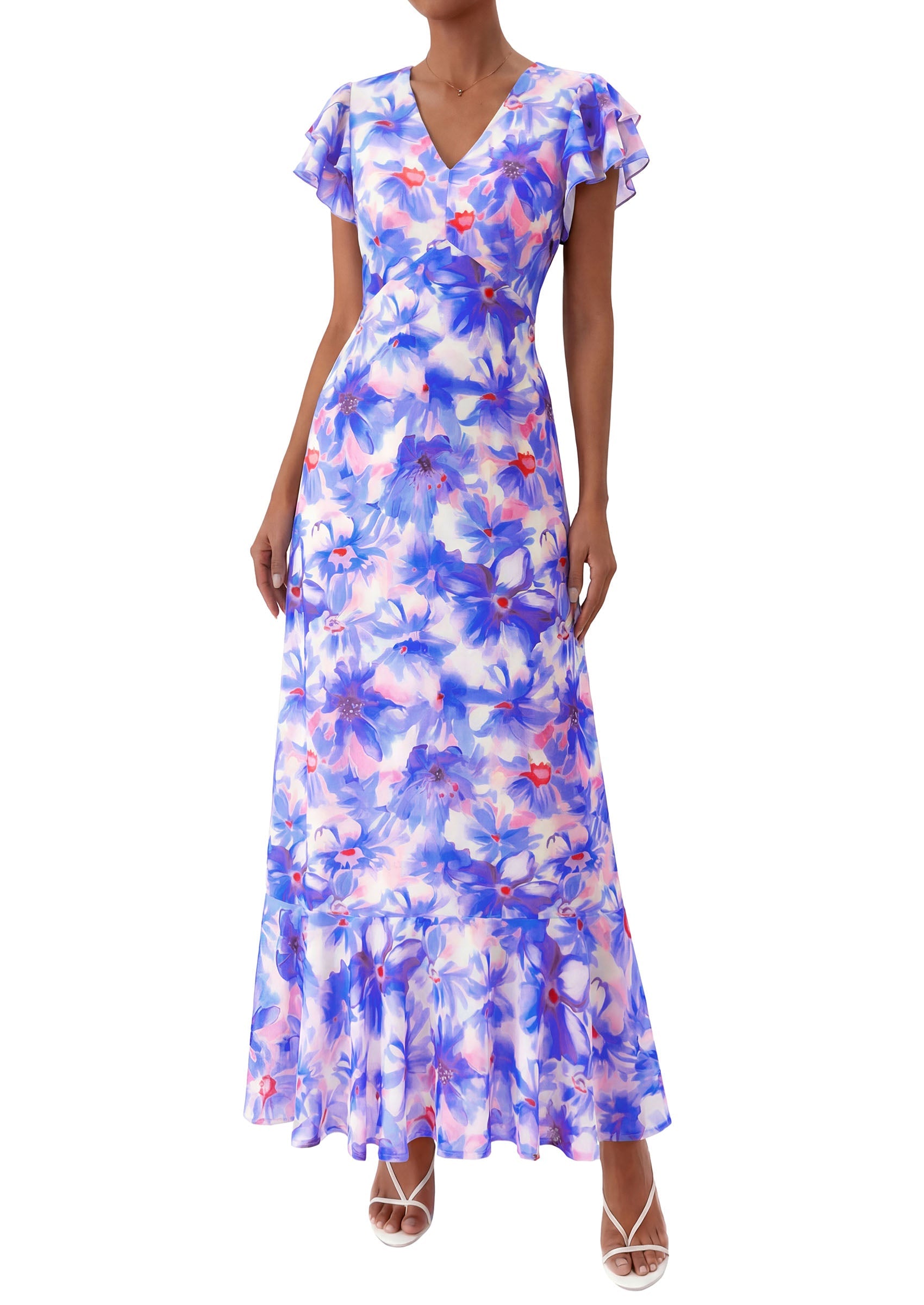 PRETTYGARDEN Wedding Guest Dresses for Women 2026 Spring Summer Short Sleeve Ruffle V Neck Floral Flowy Beach Maxi Long Dress PRETTYGARDEN