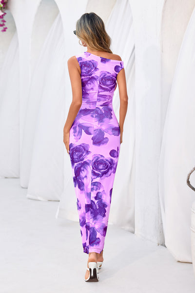 PRETTYGARDEN Women Summer One Shoulder Sleeveless Floral Maxi Dress Bodycon Ruched Mesh Formal Cocktail Wedding Guest Dresses PRETTYGARDEN