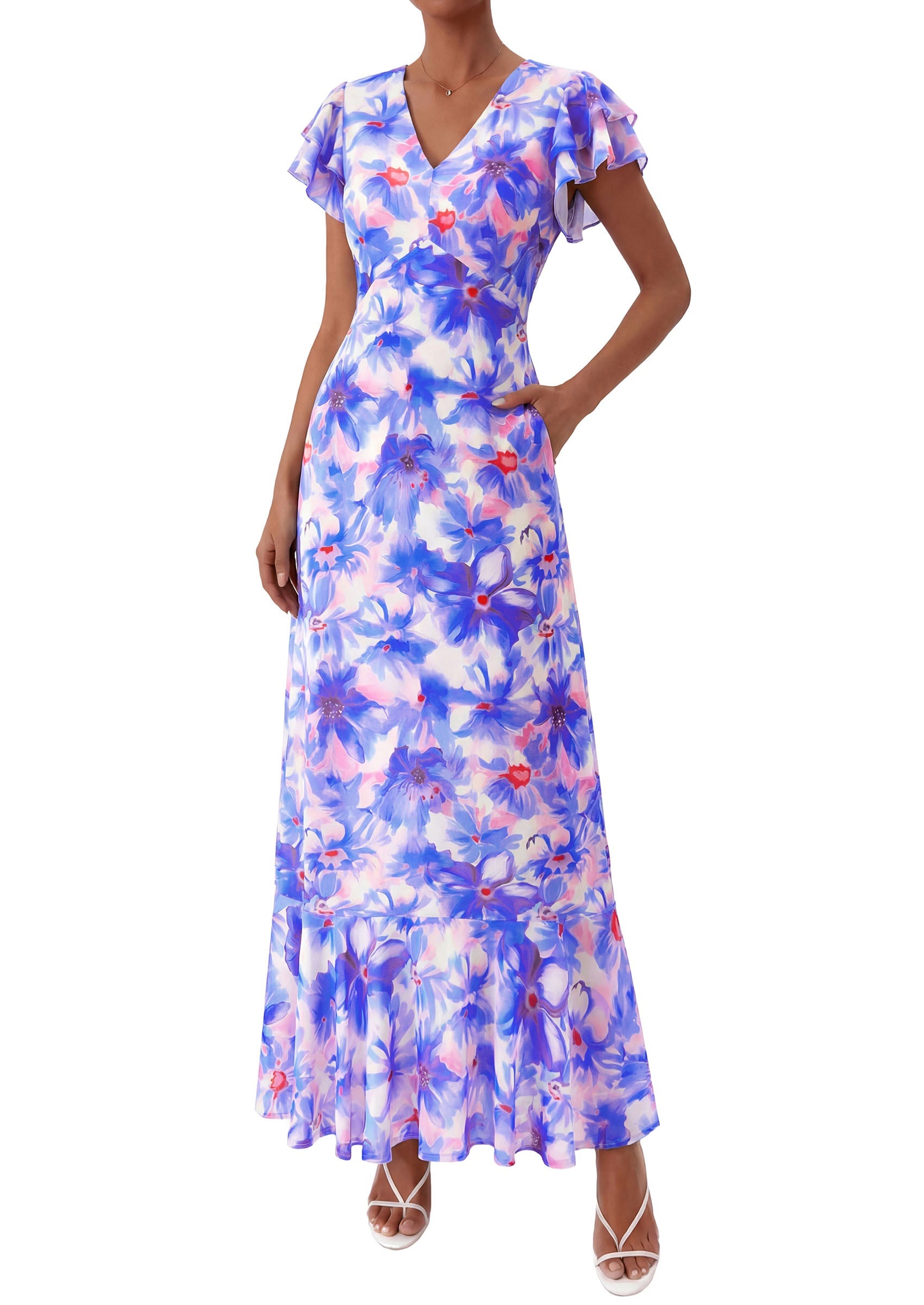 PRETTYGARDEN Wedding Guest Dresses for Women 2026 Spring Summer Short Sleeve Ruffle V Neck Floral Flowy Beach Maxi Long Dress PRETTYGARDEN