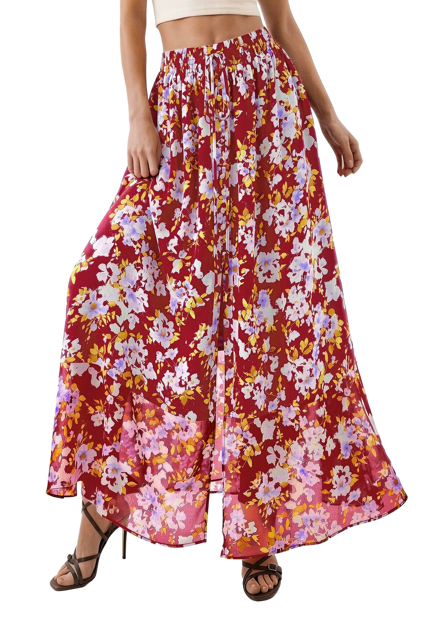 PRETTYGARDEN 2026 Summer Maxi Long Skirts for Women Trendy Boho Floral High Waisted Slit Flowy Travel Beach Vacation Clothes