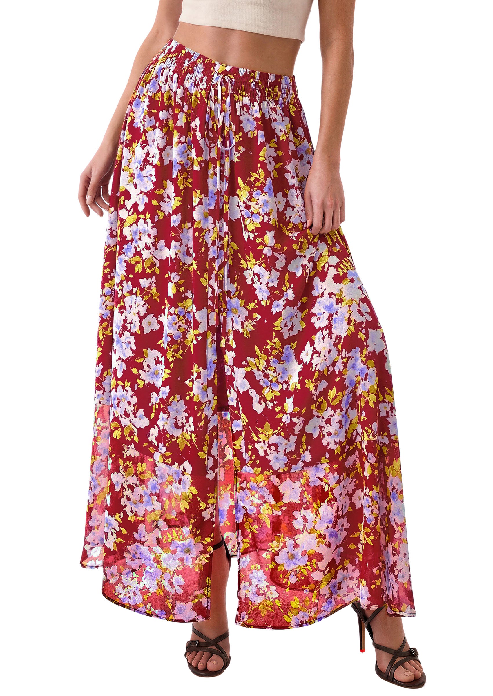 PRETTYGARDEN 2026 Summer Maxi Long Skirts for Women Trendy Boho Floral High Waisted Slit Flowy Travel Beach Vacation Clothes