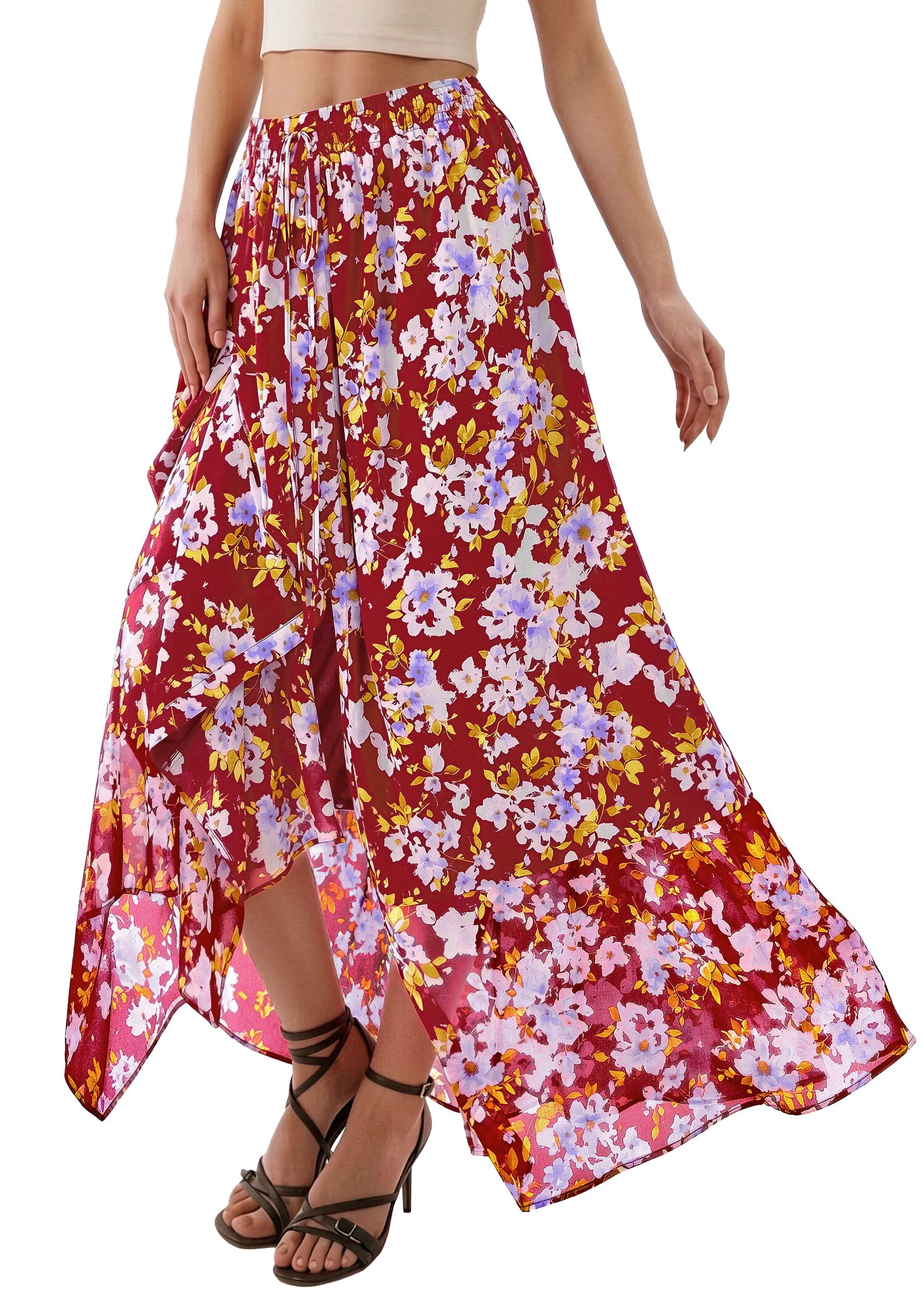 PRETTYGARDEN 2026 Summer Maxi Long Skirts for Women Trendy Boho Floral High Waisted Slit Flowy Travel Beach Vacation Clothes