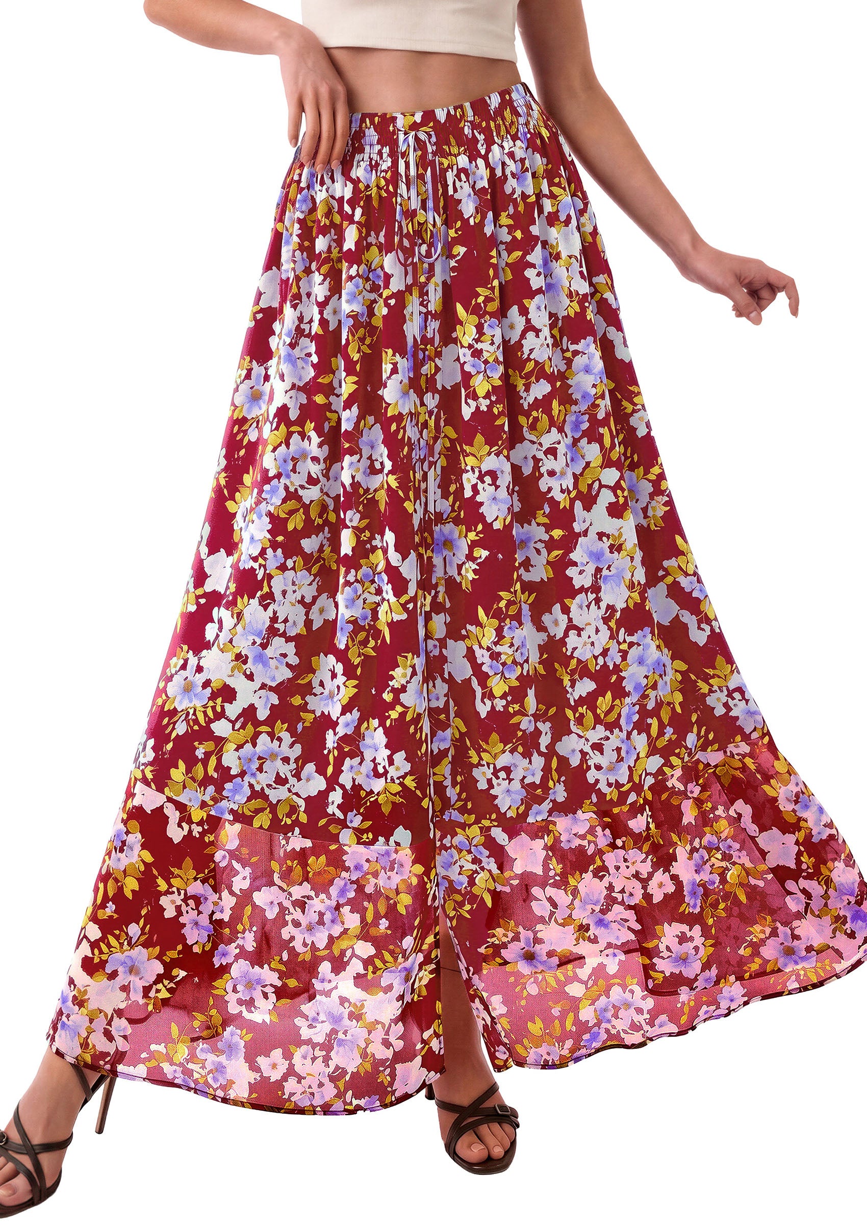 PRETTYGARDEN 2026 Summer Maxi Long Skirts for Women Trendy Boho Floral High Waisted Slit Flowy Travel Beach Vacation Clothes