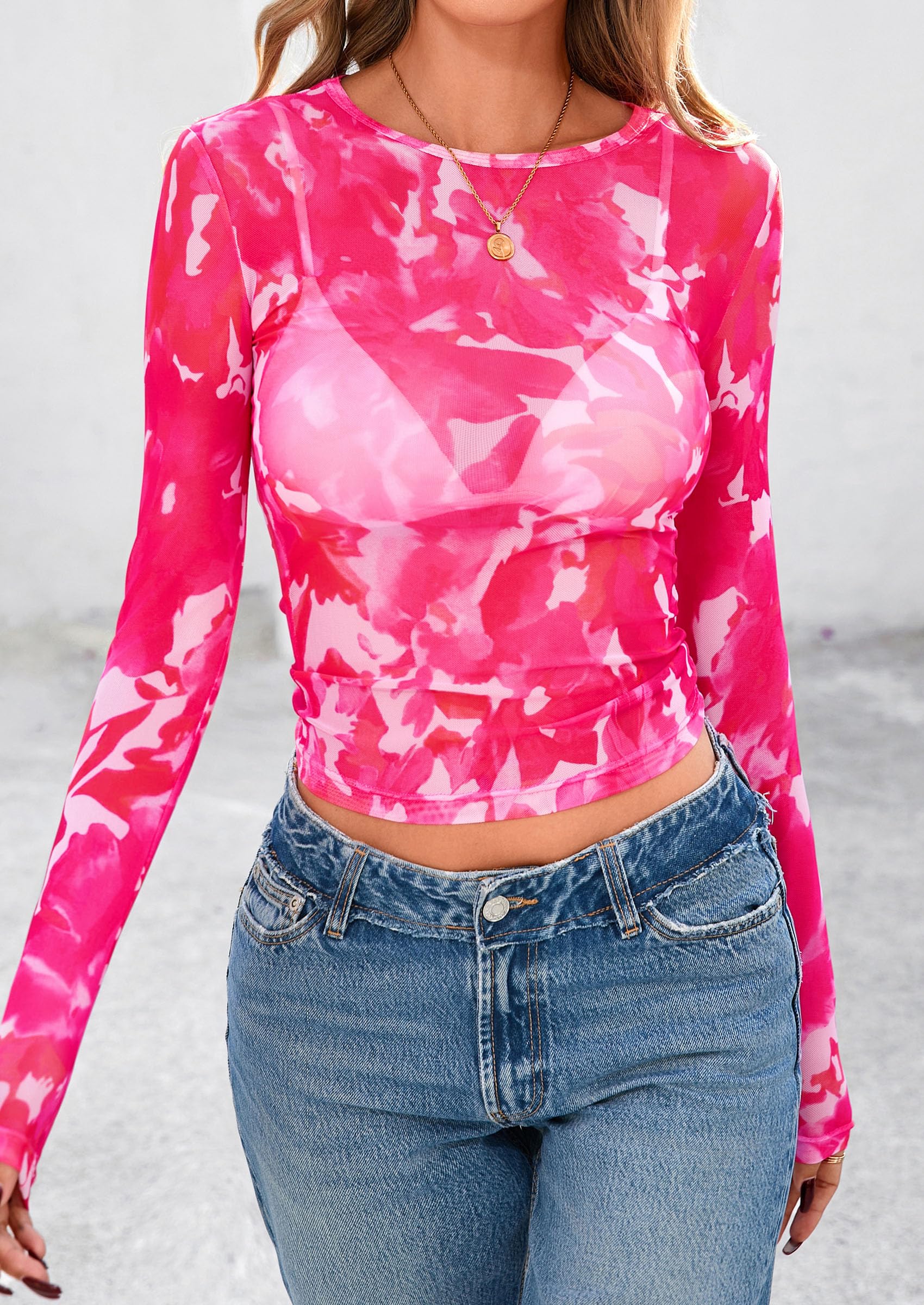 PRETTYGARDEN Women's Mesh Long Sleeve Top Trendy Fall See Through Sheer Blouse Leopard Fitted Going Out Layering Shirts