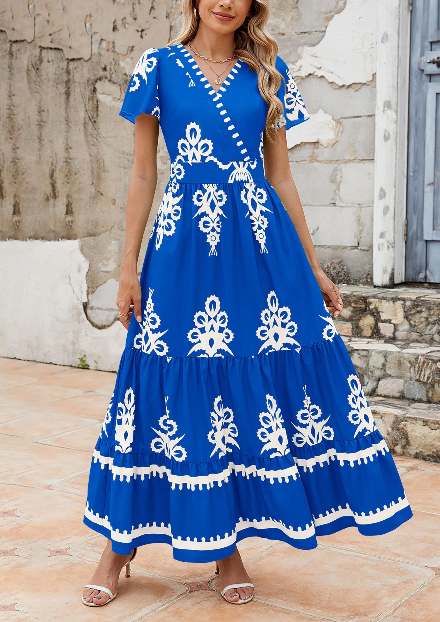 PRETTYGARDEN Womens Casual V Neck Boho Maxi Dress Flowy Aline Bell Sleeve Tiered Floral Dresses with Pocket