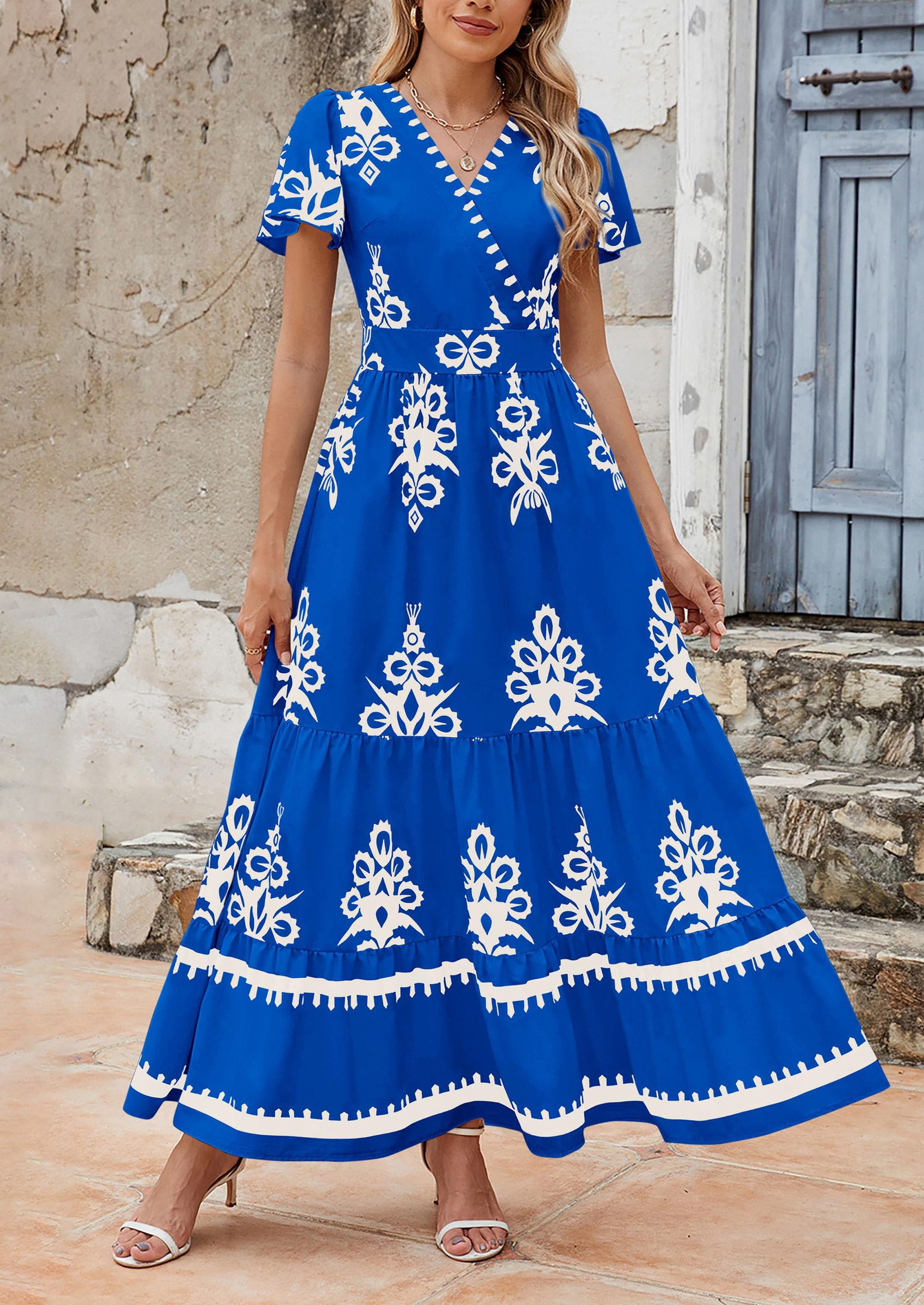 PRETTYGARDEN Womens Casual V Neck Boho Maxi Dress Flowy Aline Bell Sleeve Tiered Floral Dresses with Pocket